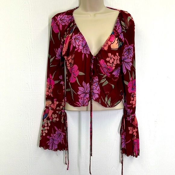 Free People - Paradise Cocoa Combo Button Up And Tie V Neck Blouse Size XS - Picture 2 of 12